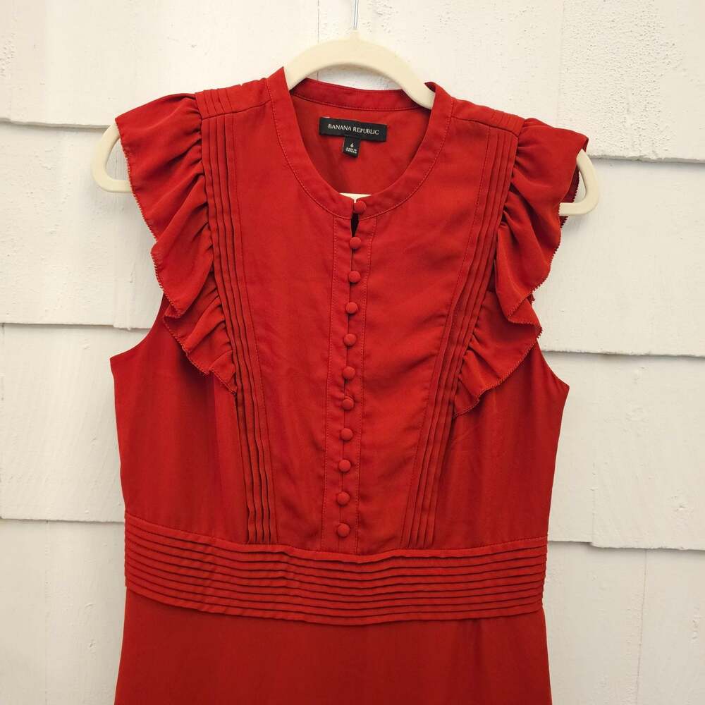 Banana Republic Orange Red Maxi Dress Women's Size 6 Ruffle Sleeves Button Front - Picture 3 of 9